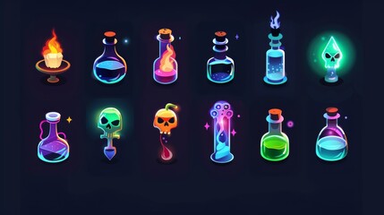 Wall Mural - Set of magic game potion bottles cartoon icons. Ui modern illustration of medicine flask and poison. Magic alchemy glow object with skull 2d gui elements.