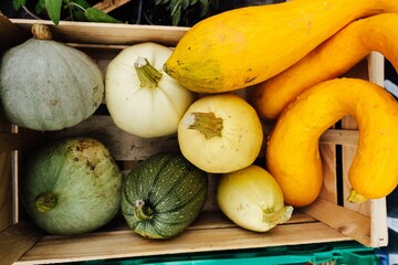 Top view shot of pumpkins on a wooden box