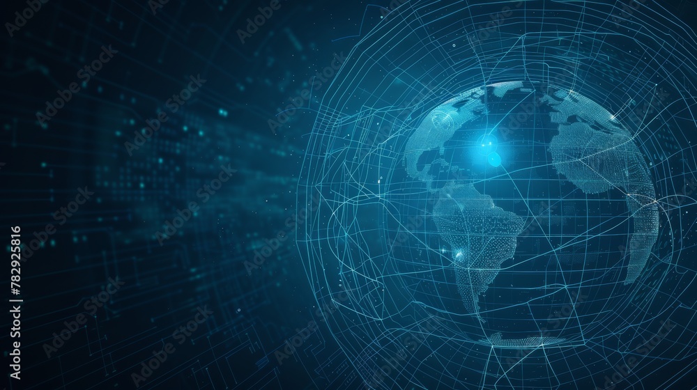 Communication technology concept with wireframe globe and digital radar ...