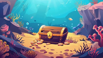 Wall Mural - A wooden treasure chest lies on the seabed among corals and algae in an underwater kingdom with golden coins inside. Cartoon modern illustration of a box with gold on the sand of the sea bottom.