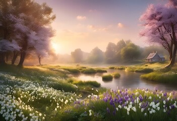 Poster - AI generated illustration of sun setting over trees and flowers in the background