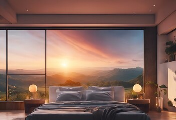Wall Mural - AI generated illustration of a contemporary bedroom with sunset and mountain view seen from bed