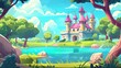 CG illustration of a fairy tale castle with a pink roof and towers, near a pond and hills. Illustration for a story or video game.