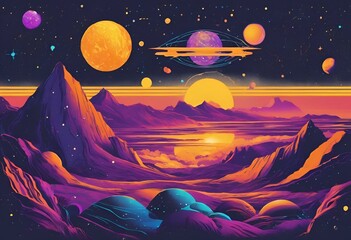 Wall Mural - AI generated illustration of vibrant planets and a starry mountain landscape