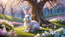 An Enchanting Digital Illustration Of A White Bunny In A Vibrant Spring Meadow With Easter Eggs And Cherry Blossoms. AI Generation