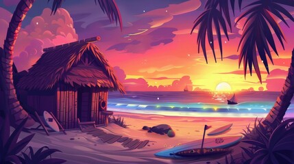 Wall Mural - Tropical sunset with surfboard and tiki bar on sea sand beach with palm trees. Cartoon sunrise with bamboo bungalow with thatch roof on a summer ocean shore. Cocktail bar and fruit juice cafe in