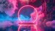Modern illustration of a round platform with bright ring border and fog cloud. Realistic modern illustration of a pink neon glow circular arch frame.