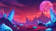 An alien planet landscape with red and orange rocky surfaces, blue glowing crystals embedded into rocks, and pink celestial objects in a purple sky. Cartoon game fantasy cosmic scenery with cliff