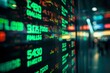 a close-up photography of a stock exchange stocks list displayed on an official screen, lot of light, lot of green text