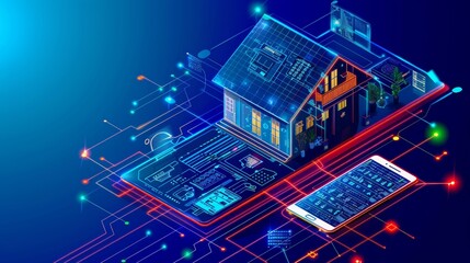 Aufkleber - An isometric view of a smart home, mobile, and house with a digital interface for the future