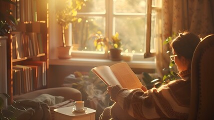 Wall Mural - AI generated illustration of a person sitting in a chair by a window, reading a book