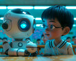 © ismael - a boy with glasses looking at a robot that has a blue light on it.