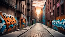 Urban Alley With Colorful Graffiti Walls Bathed In The Soft Light Of A Sunset, Showcasing Street Art Culture.. AI Generation. AI Generation