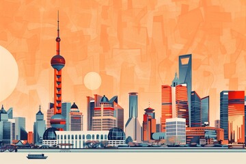 Wall Mural - a city skyline is painted in an abstract orange color scheme