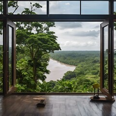 Poster - AI generated illustration of aA spacious room with a large window overlooking a river