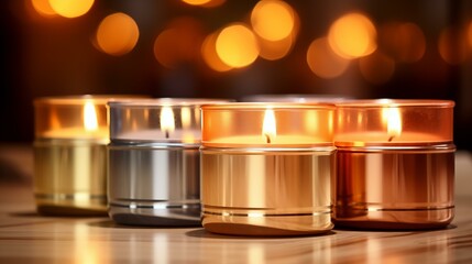Wall Mural - Metallic accents candles on table with bokeh background, yellow illuminated dark spirituality christianity