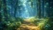 AI generated illustration of a scenic path lined with lush green trees and vibrant blue flowers