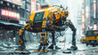 A large, yellow, quadrupedal robot walking through a rainy, neon-lit cityscape, reminiscent of a futuristic urban environment.