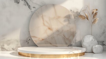 Leinwandbilder - An elegant podium backdrop for product displays. The background is made up of minimalist gold, marble, and white elements.