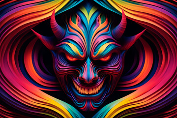 Wall Mural - A demon's smiling face looks at your artwork, surrounded by colorful lines, yarn textures, and artwork