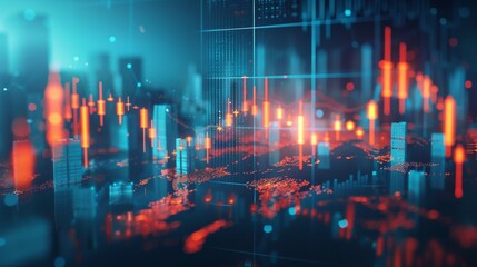 Poster - Stock market technology or world economy, a building's shape combined with a candlestick