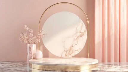 Leinwandbilder - The beauty fashion luxury podium backdrop is a minimalist gold, marble, and pink background. This 3D rendering shows the minimalist gold, marble, and pink background.