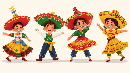 AI generated illustration of Mexican children in vibrant attire dancing and playing