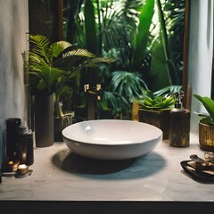 Wall Mural - AI generated illustration of Bathroom counter adorned with vases and lush green plants