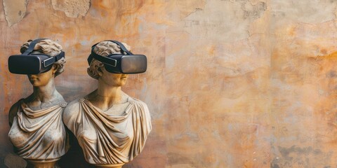 Two classical statues adorned with VR headsets against a rustic wall, ideal for discussions on the convergence of ancient art and modern technology or for philosophical debates.