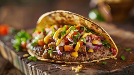 The close-up of a smash burger taco accentuates its savory ingredients, making it a strong visual for a gourmet burger joint’s advertising campaign or an article on comfort food trends.