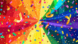 brightly colored confetti falling from a rainbow umbrella,