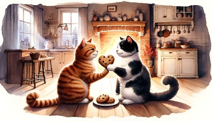 Poster - AI illustration of felines staring at cookie-shaped treats on a plate by a fireplace