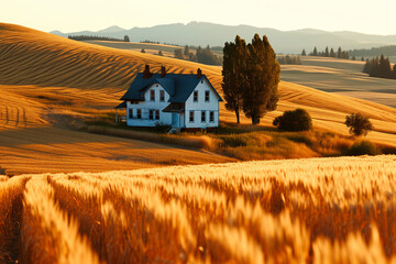 Wall Mural - AI generated illustration of a farmhouse in a field surrounded by hills and trees