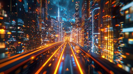 Leinwandbilder - Rendering of a warp speed hyper loop with blurry lights from buildings in a megacity at night. Concept of next generation technology, fintech, big data, 5G fast networks, machine learning, etc.....