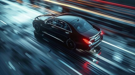 Aufkleber - This is a 3D model or render of a black luxury sedan car speeding up (non-existent car design, full generic)