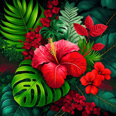 Wall Mural - AI generated illustration of tropical foliage and flowers painted on dark background