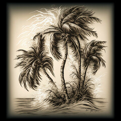 Wall Mural - AI generated illustration of a vintage image of two palm trees on a sandy beach