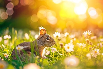 Wall Mural - AI generated illustration of a squirrel posing in a field of flowers with a radiant sunbeam
