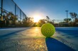 Yellow pickleball ball close-up on a pickleball court, with space for text. Beautiful simple AI generated image in 4K, unique.