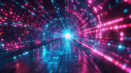 Aufkleber - Abstract neon lights into a digital technology tunnel. Futuristic technology abstract background with lines for network, big data, data center, server, internet, speed. 3D model.