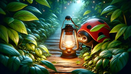 Poster - a lady bug in a field by a lantern in the rain