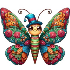 Wall Mural - AI generated illustration of Cartoon butterfly with cute character in hat
