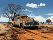 AI illustration generated of a vintage rusty car in a desert on a dirt unpaved trail