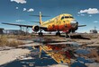 AI illustration generated of an old rusty yellow airplane on an unpaved trail with water puddles