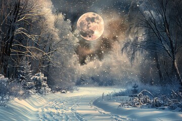 Sticker - Winter forest scene with a glowing moon. Ideal for winter-themed designs