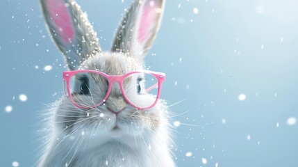 Wall Mural - Cute rabbit wearing pink glasses in snowy landscape, perfect for winter themes