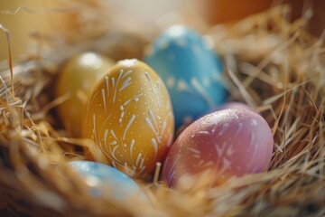 Sticker - Close up of three eggs in a nest, suitable for various nature and wildlife concepts