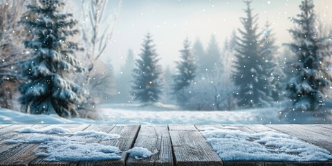 Canvas Print - Winter scene with snow-covered wooden deck and trees in background. Suitable for seasonal and nature-themed projects