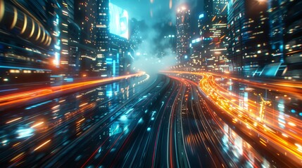 Leinwandbilder - In this 3D rendering we see a warp speed in a hyper loop with blurred light from buildings at night in a megacity. This is a concept of next generation technology, fintech, big data, 5G fast network,