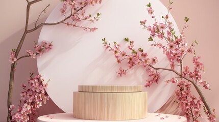 Poster - Three-dimensional rendering of a natural beauty podium backdrop that is adorned with spring flowers.